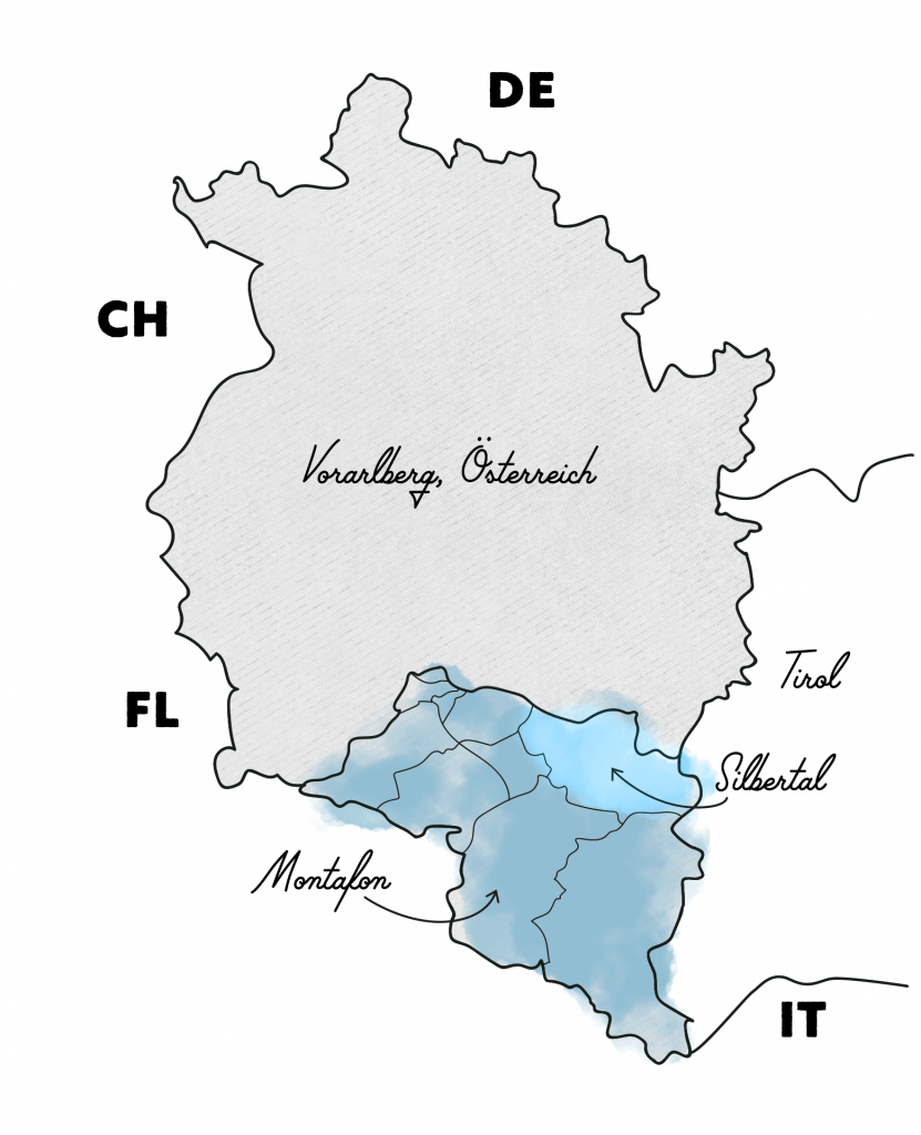 Vorarlberg Karte mit dem Montafon und Silbertal hervorgehoben – Winter